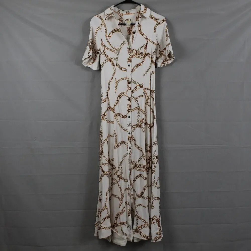 Maeve Dress XS Chain Printed Short Sleeve Maxi White Elegant Party Chic Classic - Picture 3 of 13